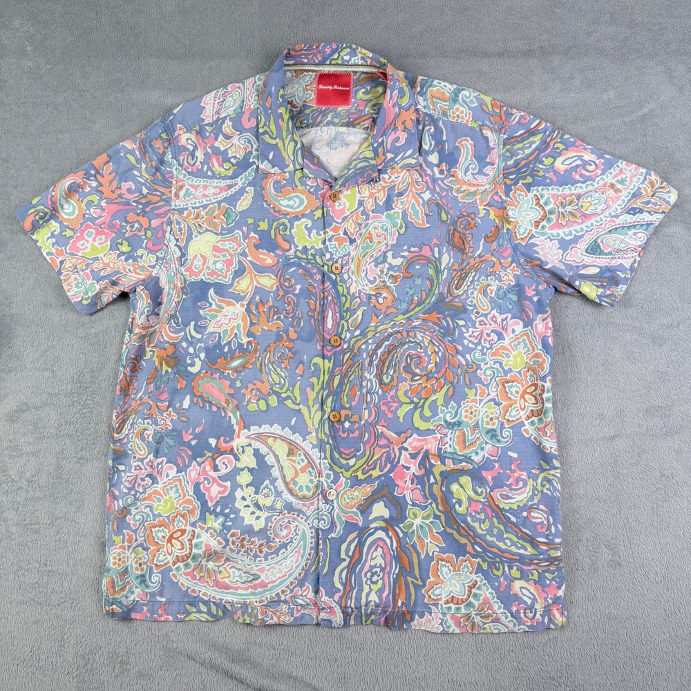 Tommy Bahama Mens Large 100% Silk Paisley Short Sleeve Button Down Camp Shirt